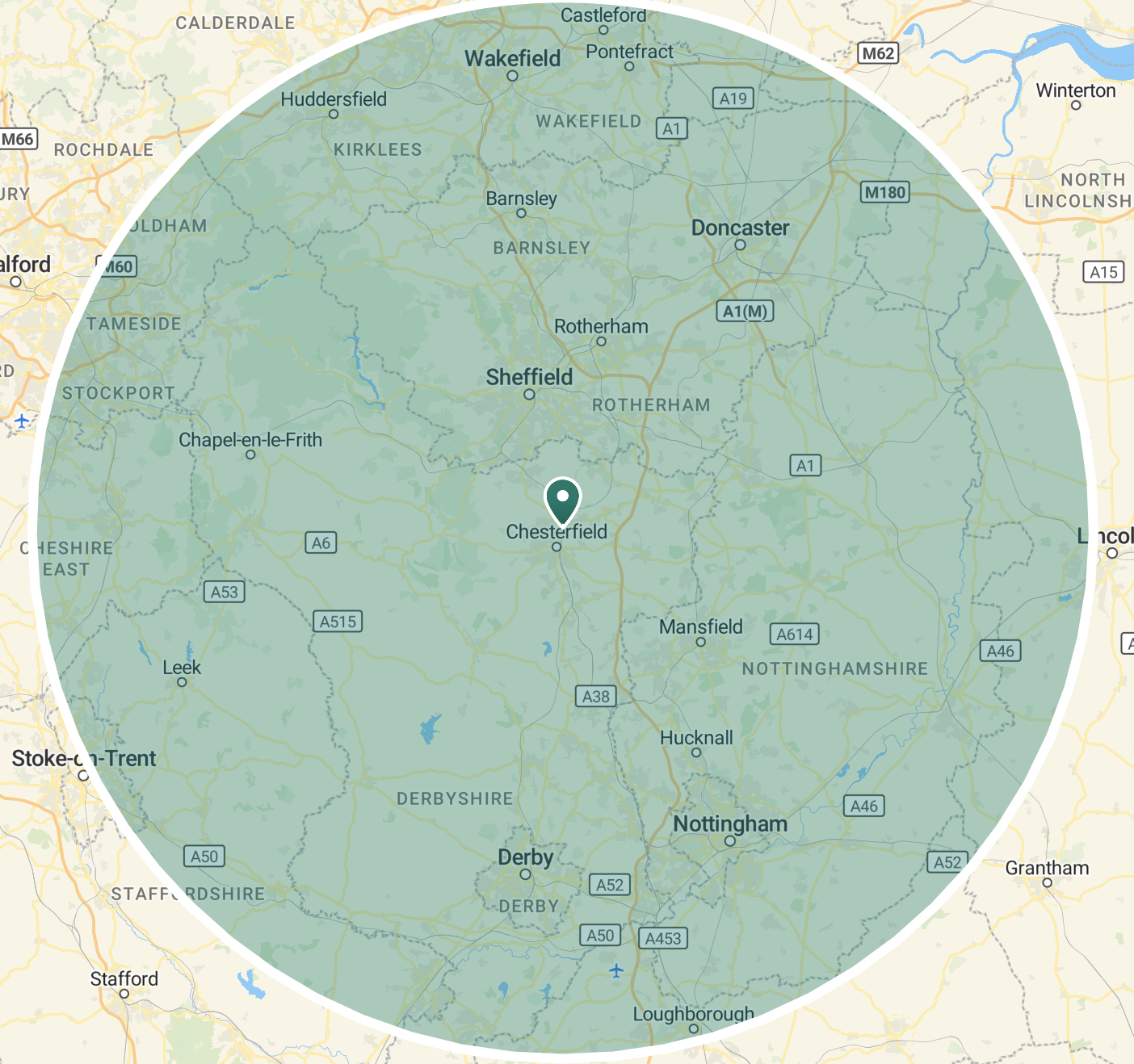 Map showing 40 mile coverage radius around Chesterfield