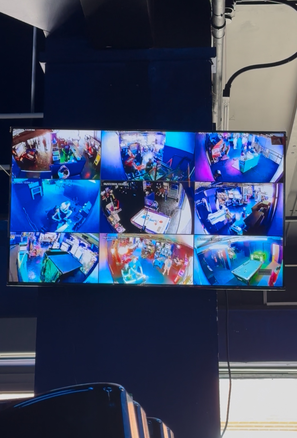 Live multi-camera CCTV display at Continue Arcade in Derby
