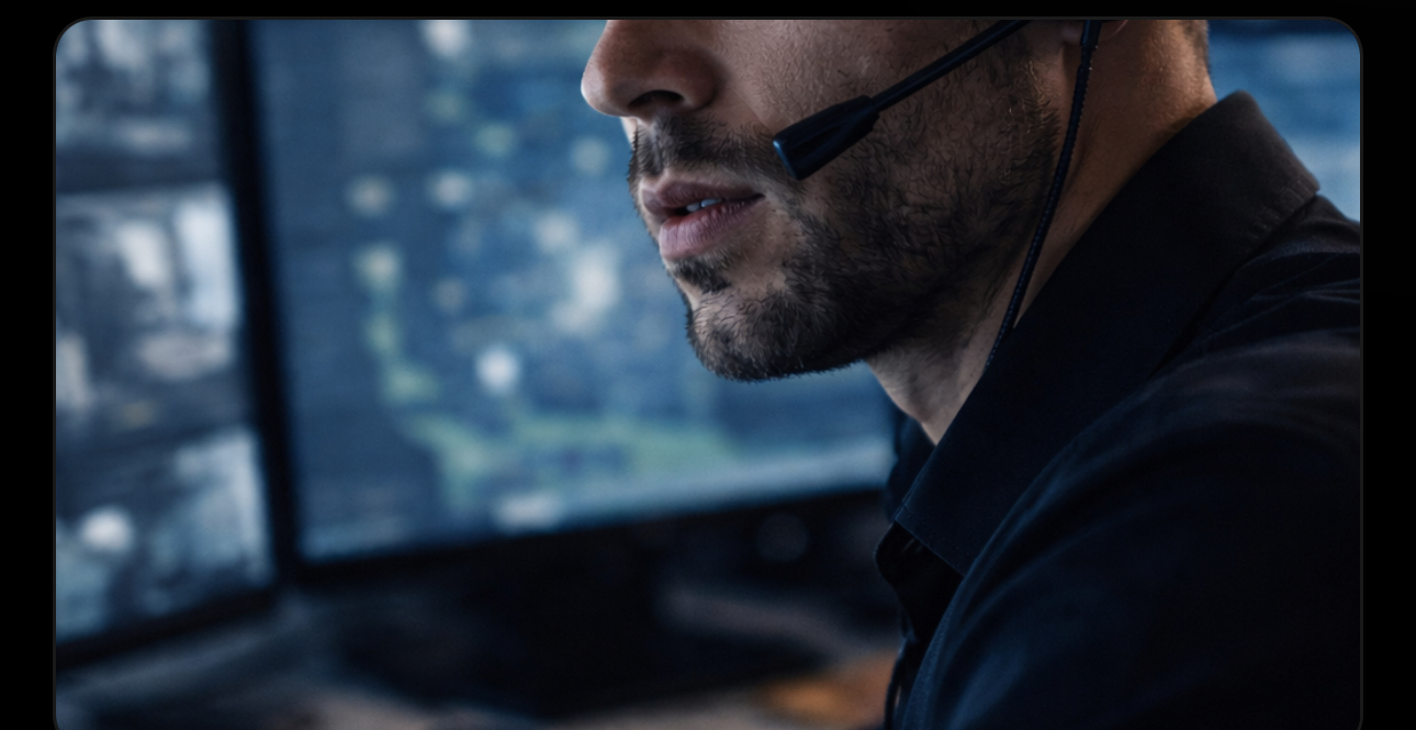 Professional security monitoring operator reviewing alarm events