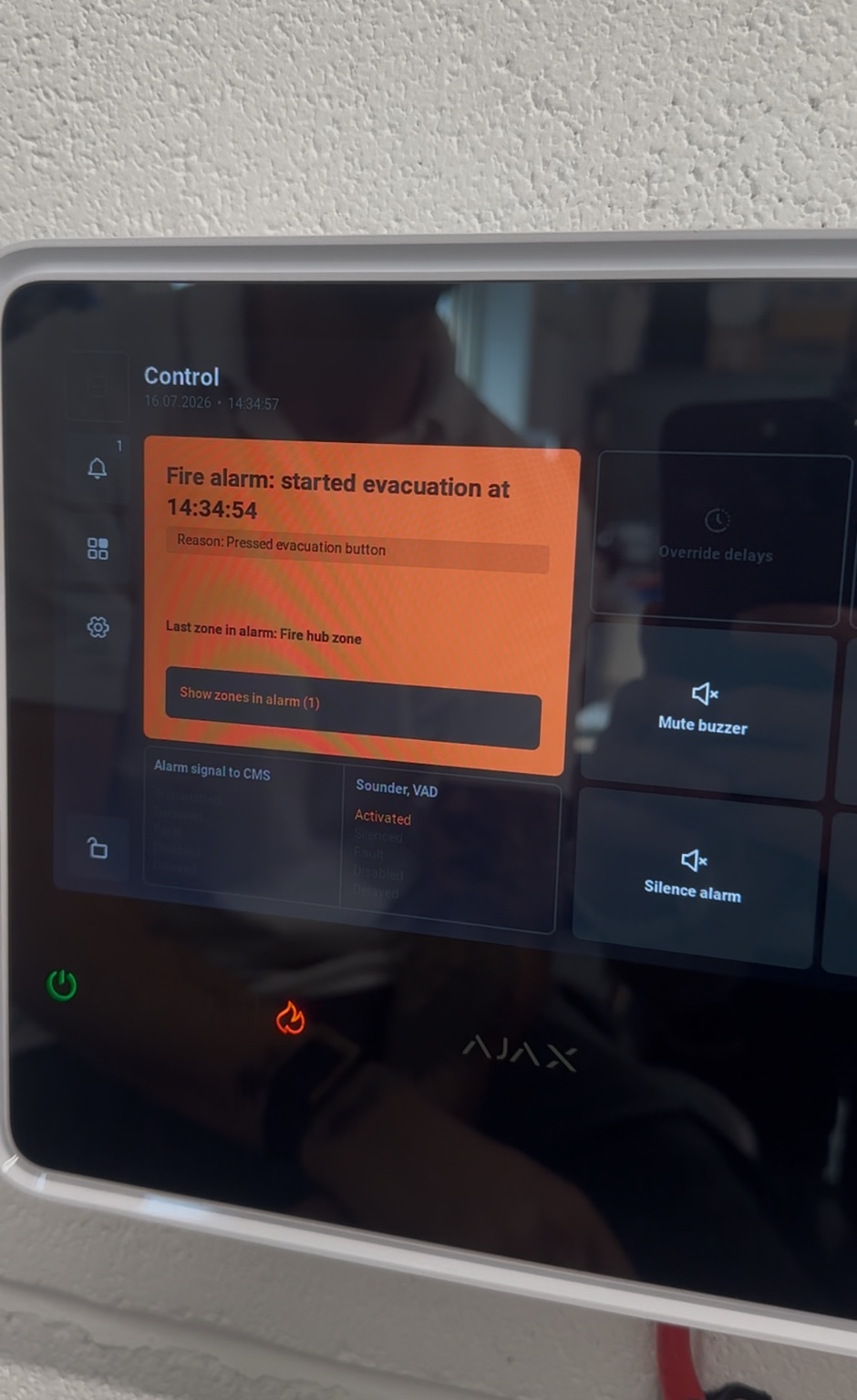 Ajax EN54 Fire Hub showing an evacuation alarm during testing